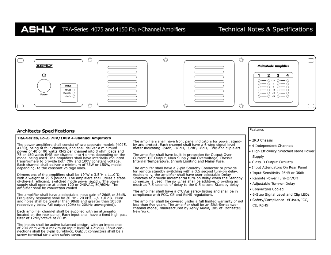 Ashly 4075, 4150 specifications Technical Notes & Specifications, Architects Specifications 